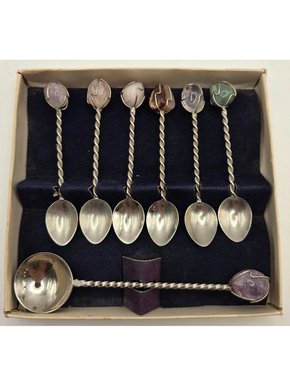 Vintage Barasch Sylmar Brasil Set 7 Twisted Stem Demitasse Spoons Caged Stones